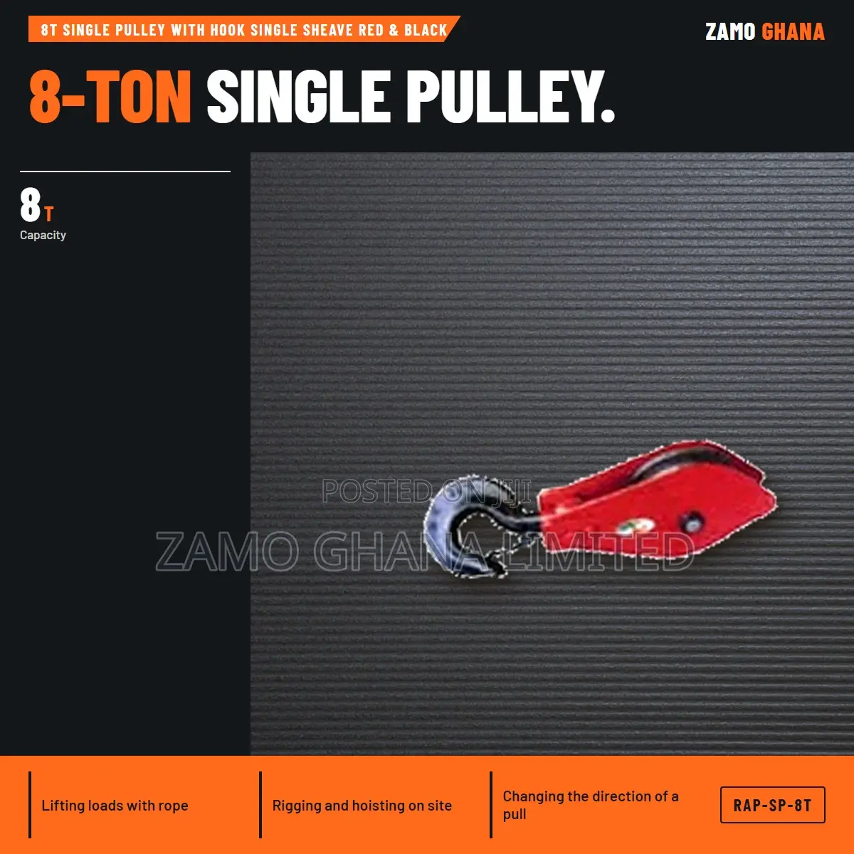 8T Single Pulley With Hook Single Sheave Red & Black - RAP-SP-8T