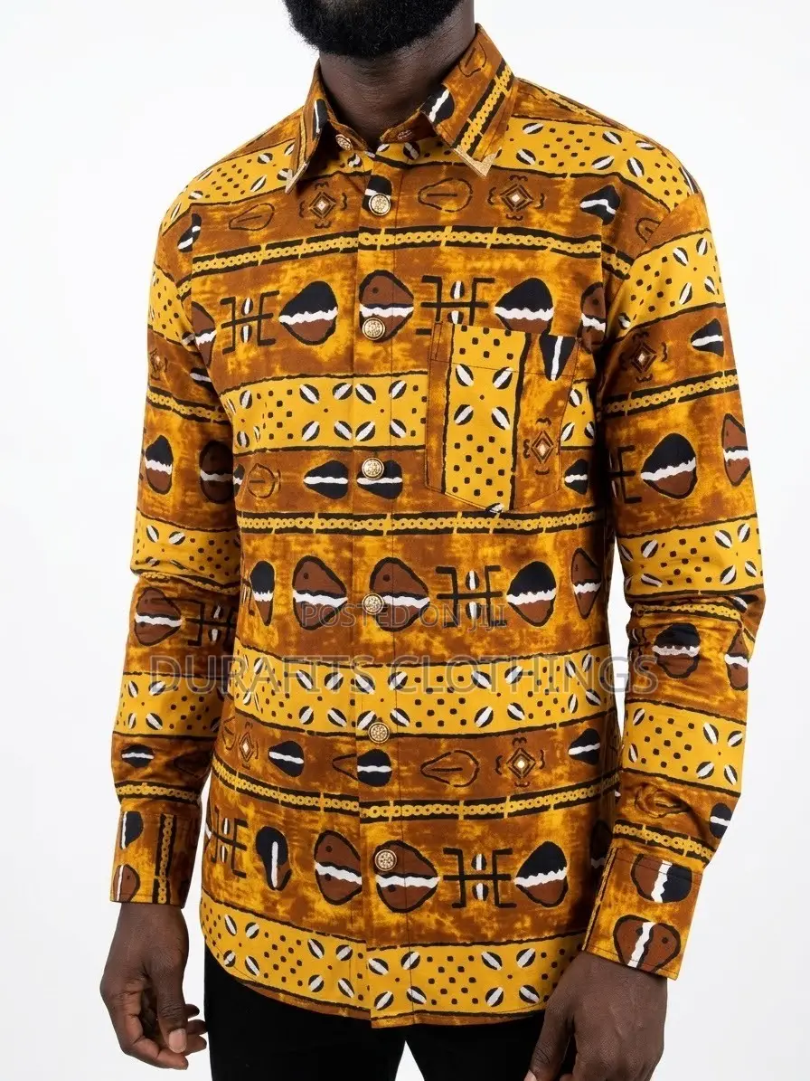 Earth-Toned Cowrie Shell Print Button-Down Shirt