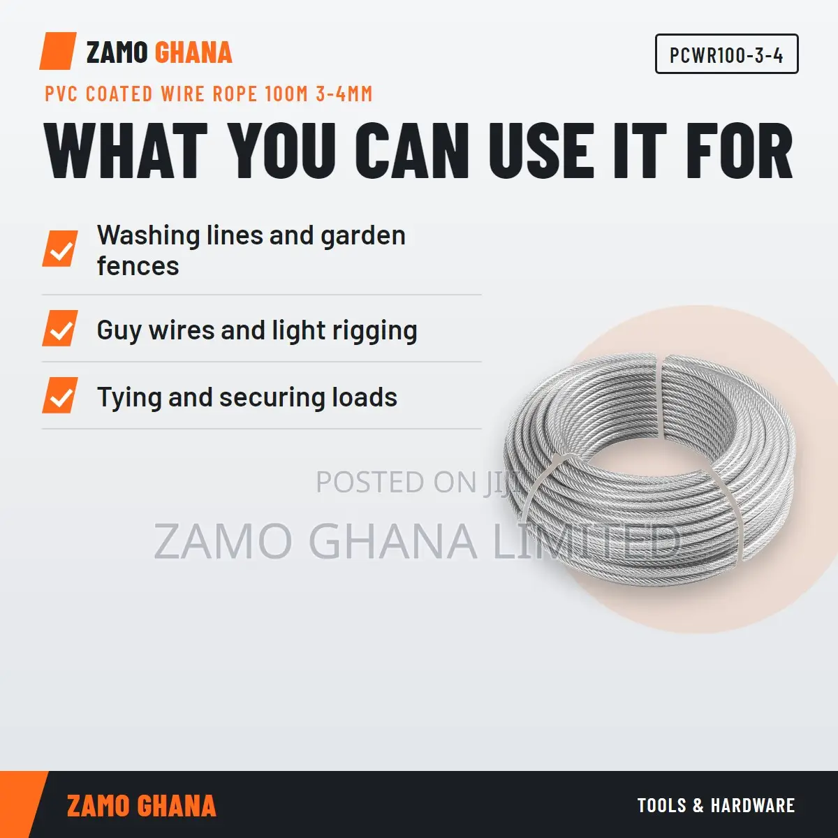 PVC Coated Wire Rope 100M 3-4Mm - PCWR100-3-4