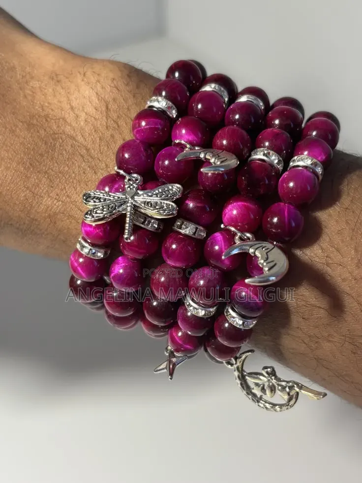​Handcrafted Pink Beaded Charm Bracelets - Set of 4