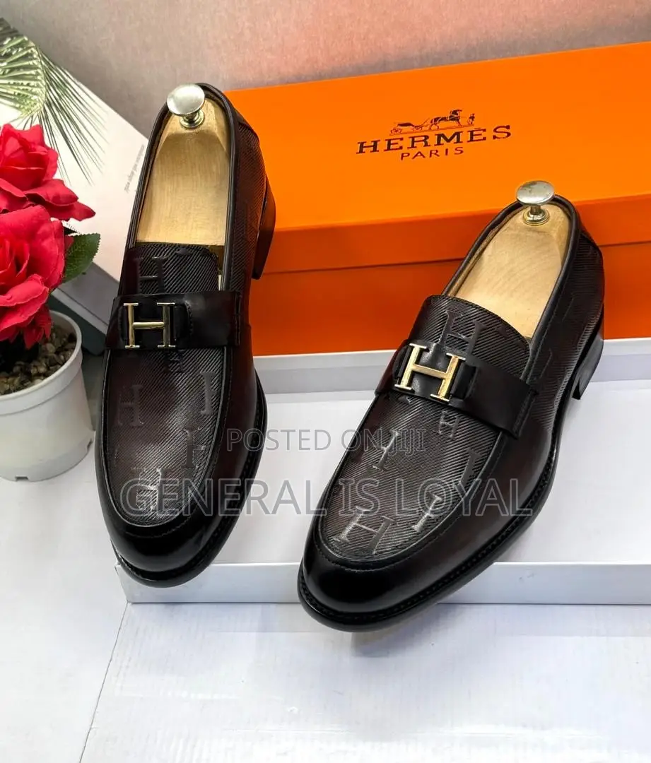 Brown Leather Hermès Paris Men's Loafers Signature Metallic "H