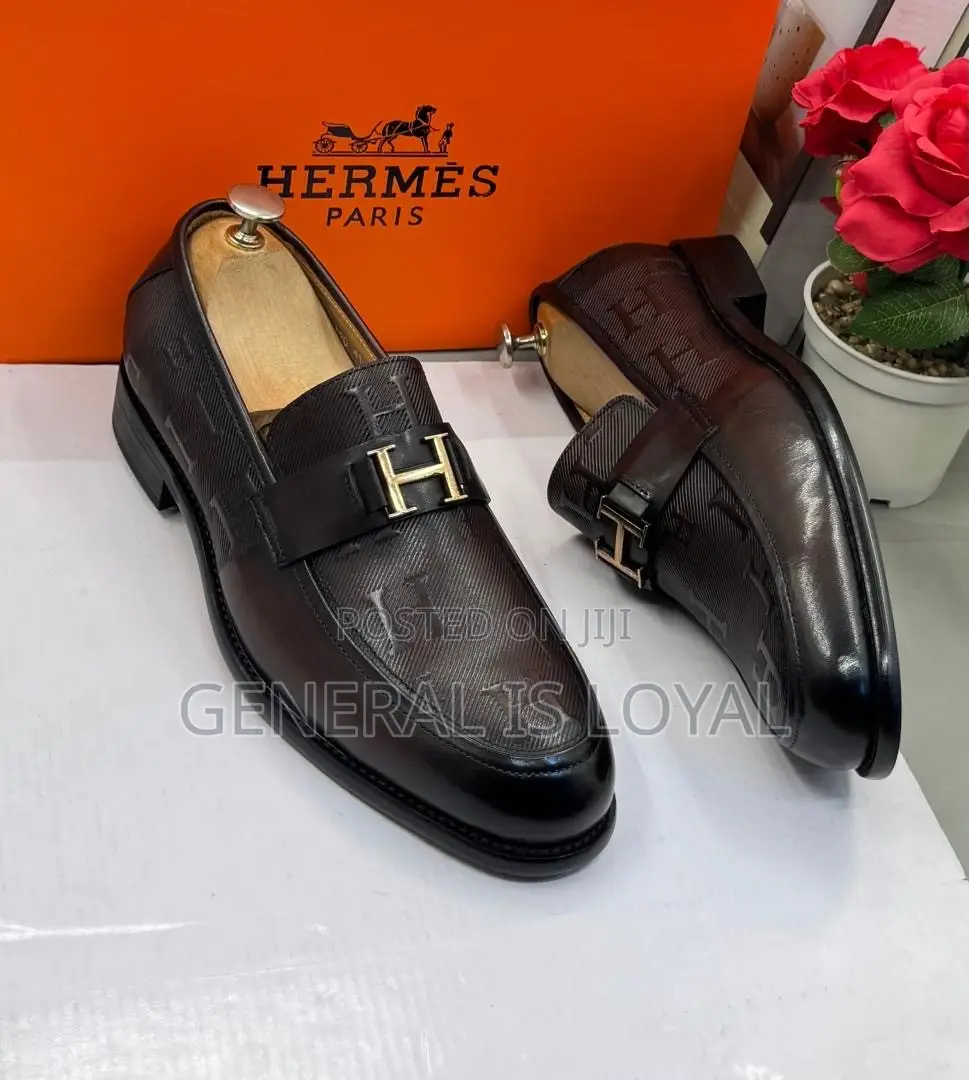 Brown Leather Hermès Paris Men's Loafers Signature Metallic "H