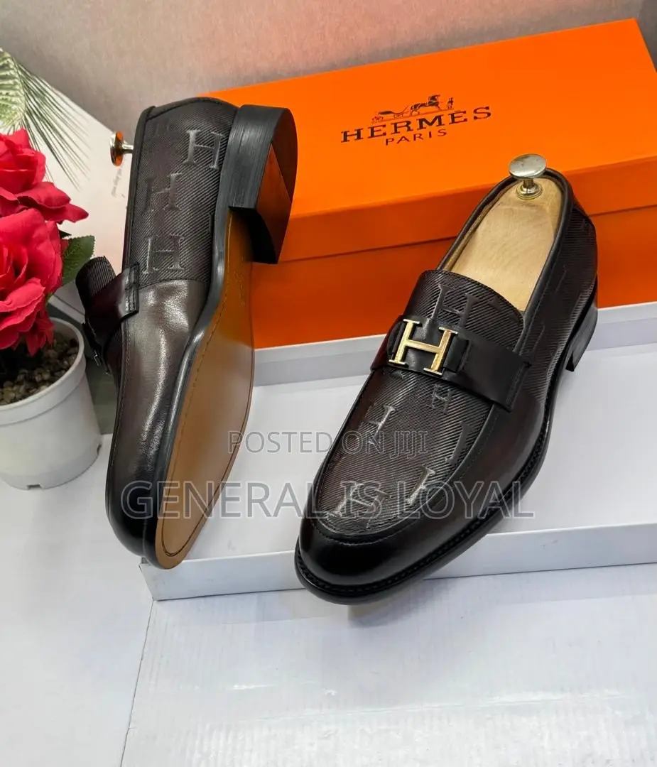 Brown Leather Hermès Paris Men's Loafers Signature Metallic "H