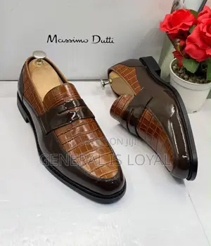 Brown and Tan Crocodile-Embossed Leather Penny Loafers Shoe