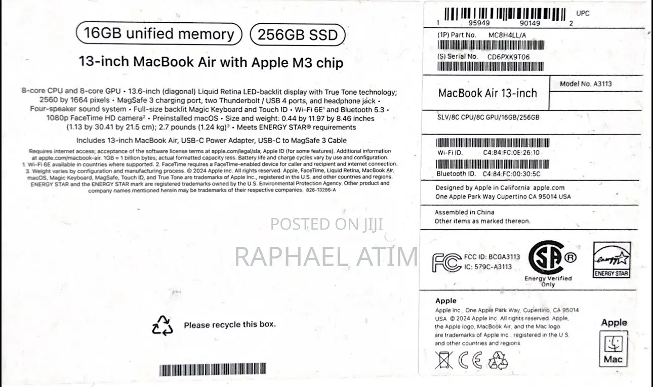 Laptop Apple MacBook Air 16GB Apple M3 SSD 256GB