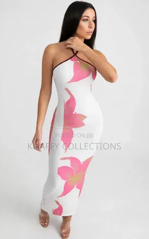Women's White & Pink Floral Halter Bodycon Maxi Dress