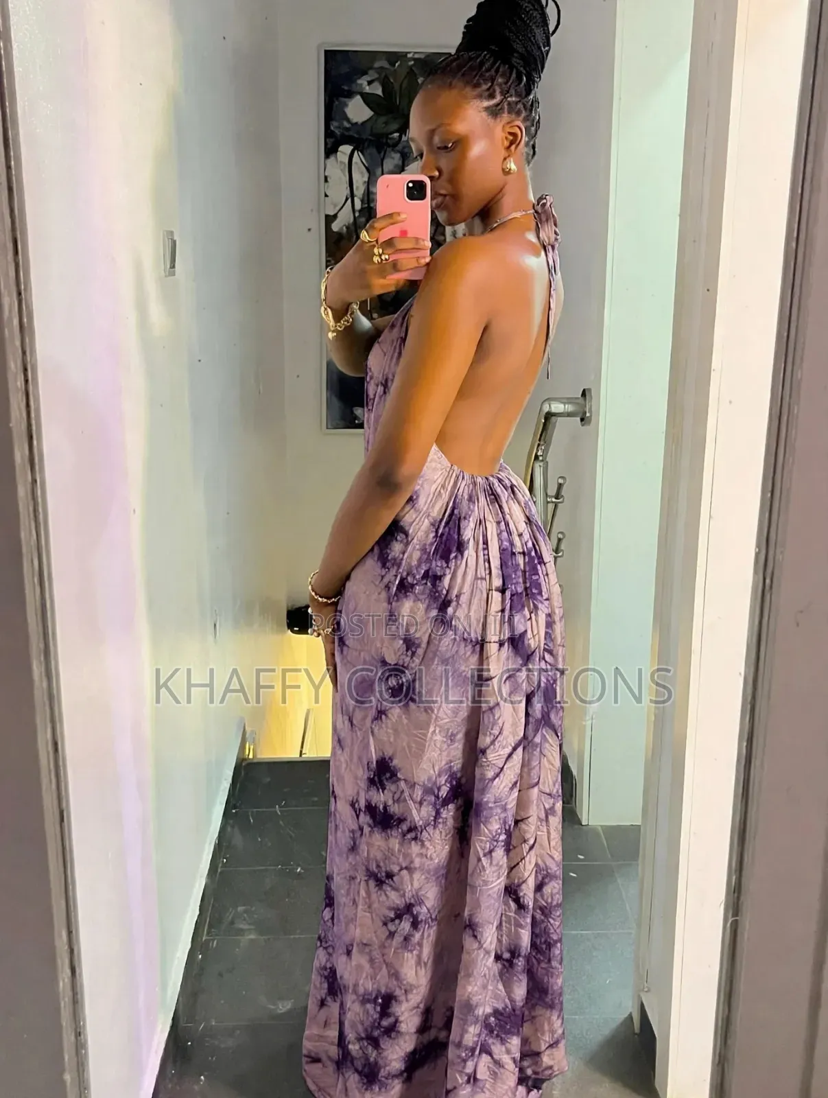 Ladies Tie-Dye Backless Maxi Dress - Adire Halter Long Dress
