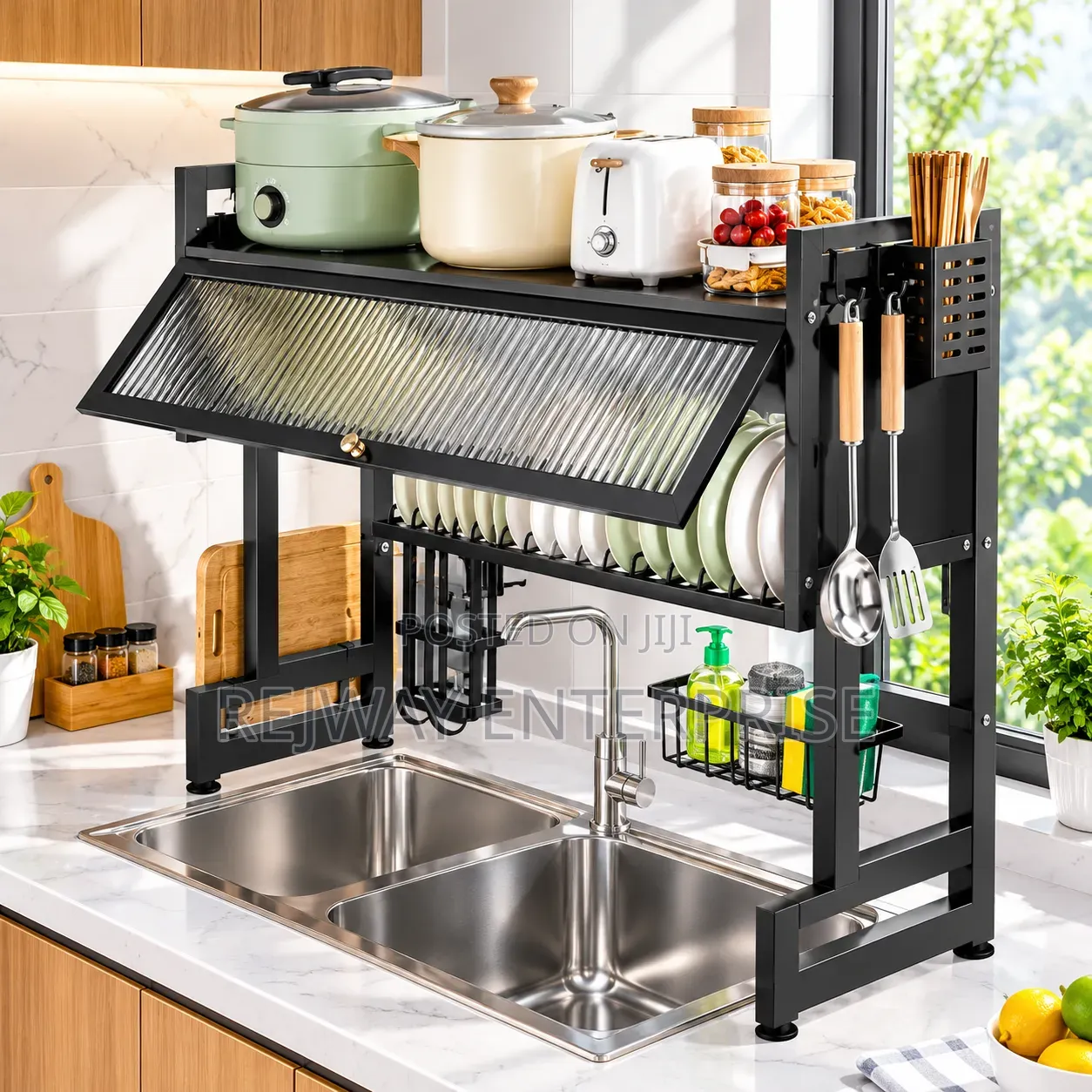 Over-Sink Dish Drying Rack With Utensils Holder