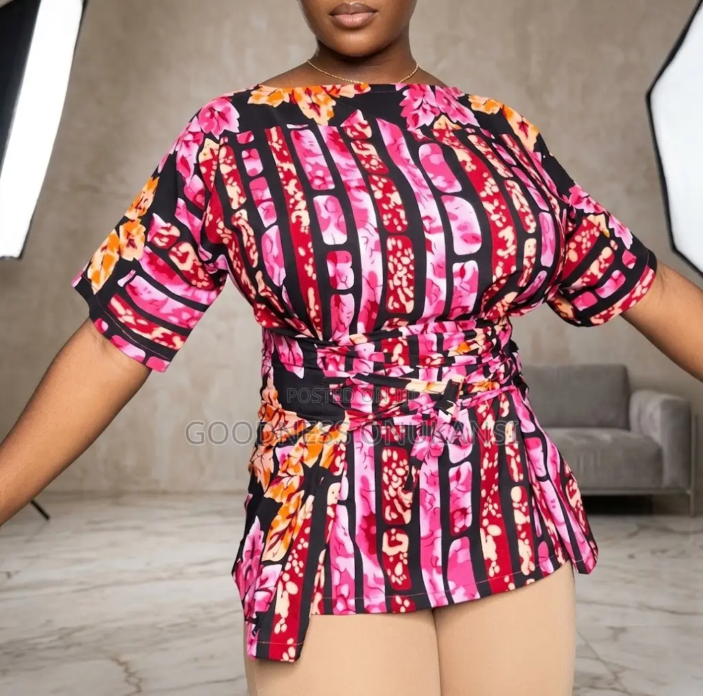 Floral & Geometric Print Wrap-Waist Tunic Top.