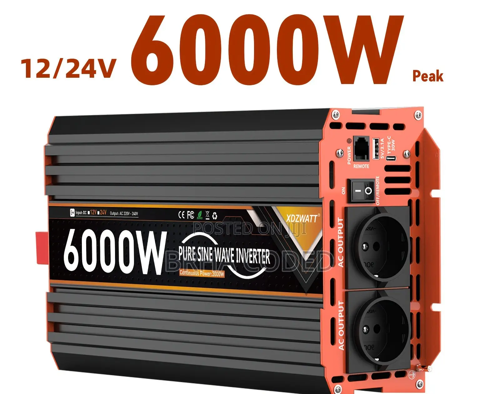 12/24v XDZWATT 6000W Peak Pure Sine Wave Inverter (3000W Rated)