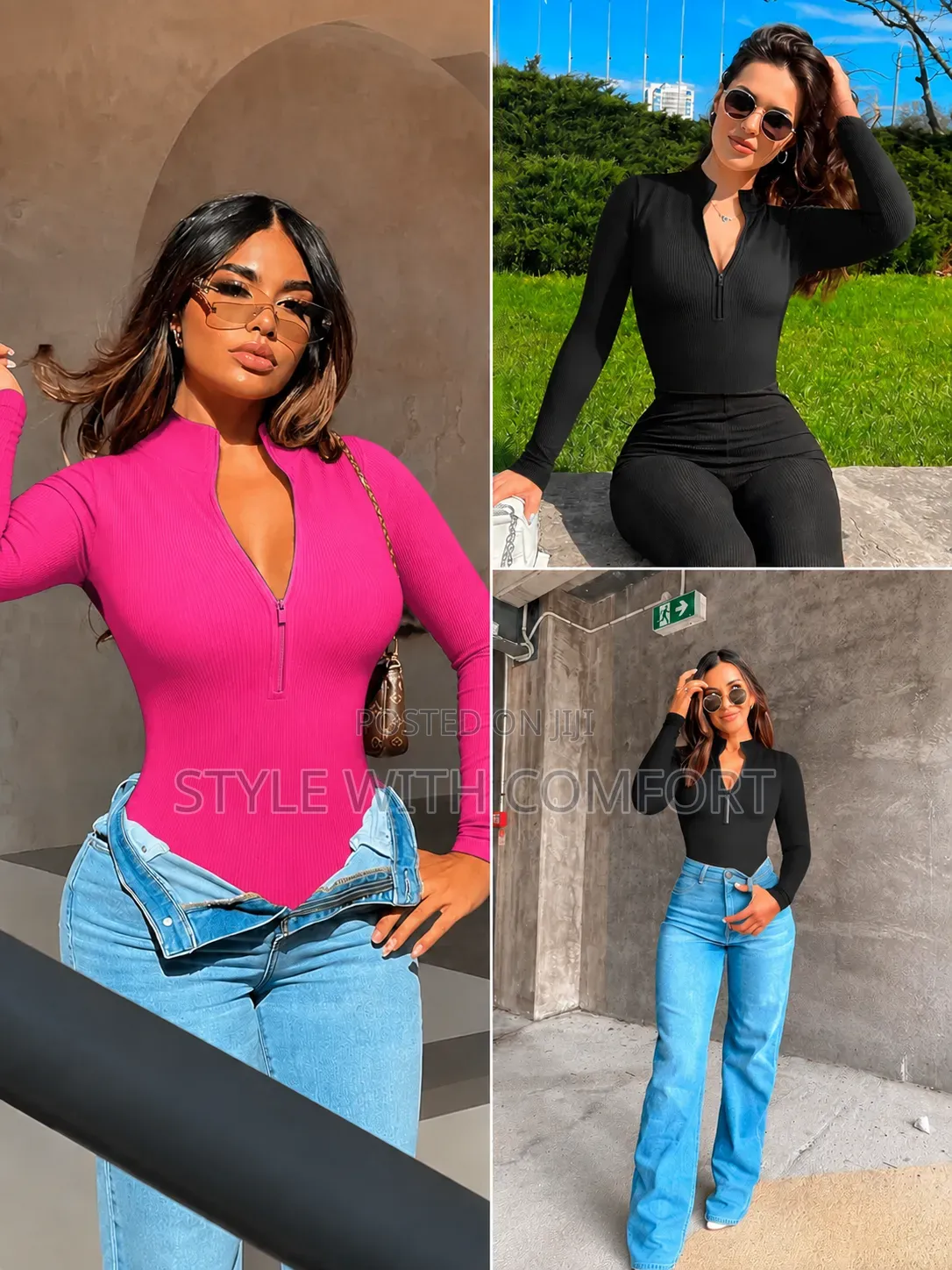 Ladies Ribbed Zipper Bodysuit