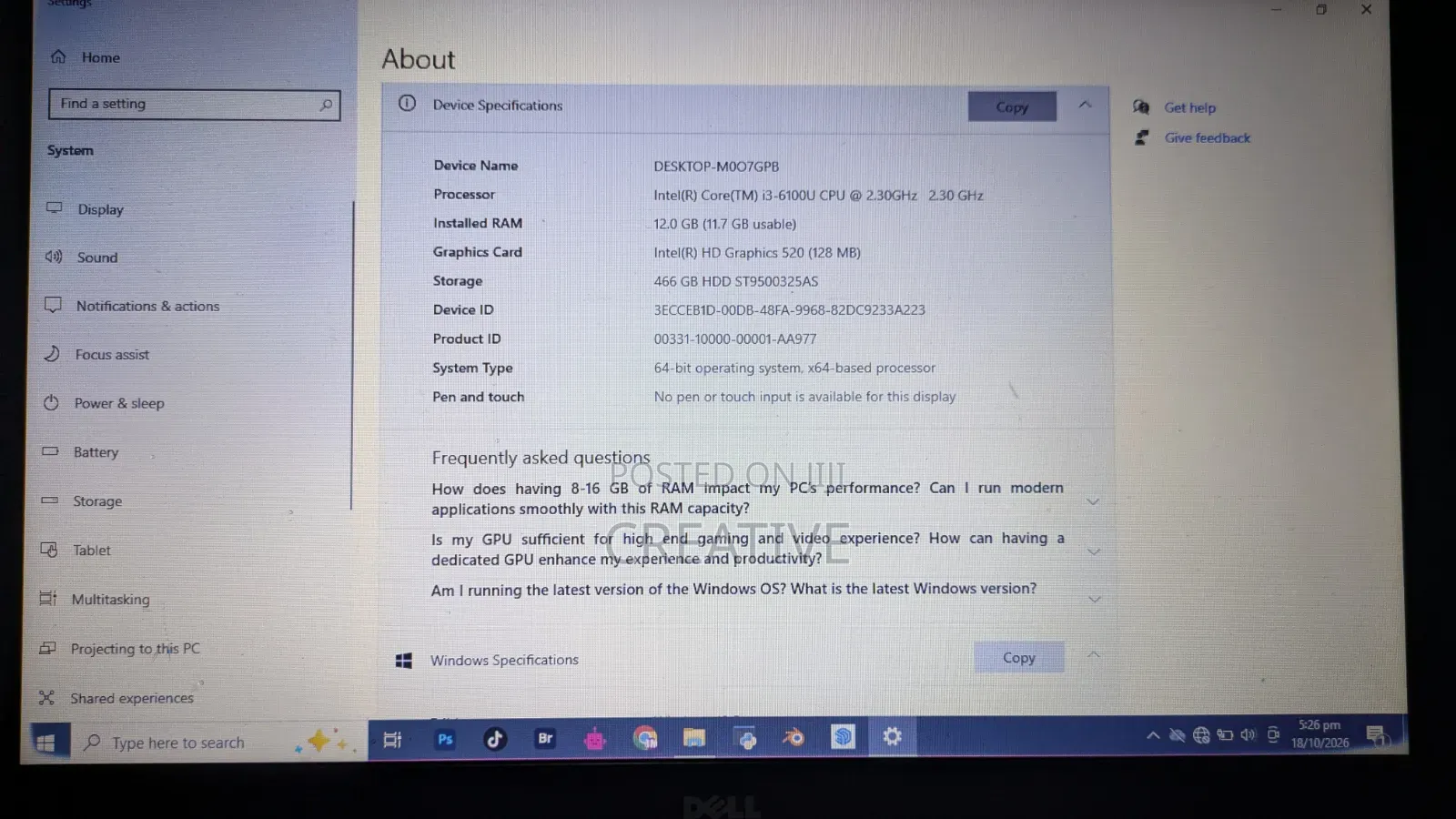 Laptop Dell Inspiron 15 12GB Intel Core 3 HDD 500GB