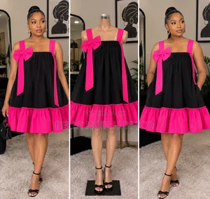 Noir Charm Dress – Women's Two-Tone Flare Dress With Bow & Ruffle Hem