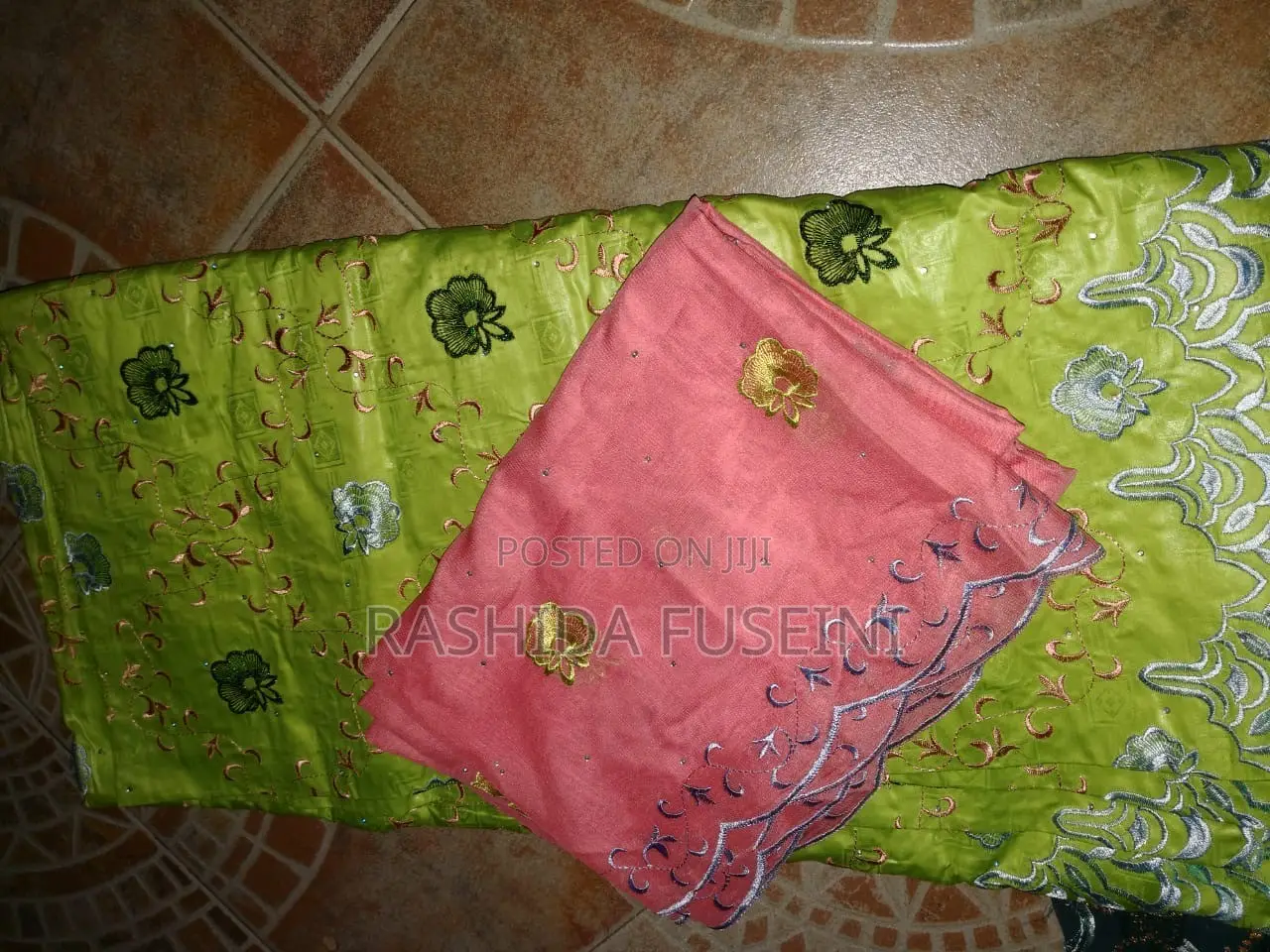 Beautiful Green & Pink Embroidered Boubou Fabric