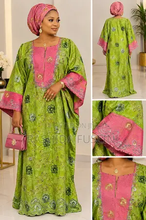 Beautiful Green & Pink Embroidered Boubou Fabric