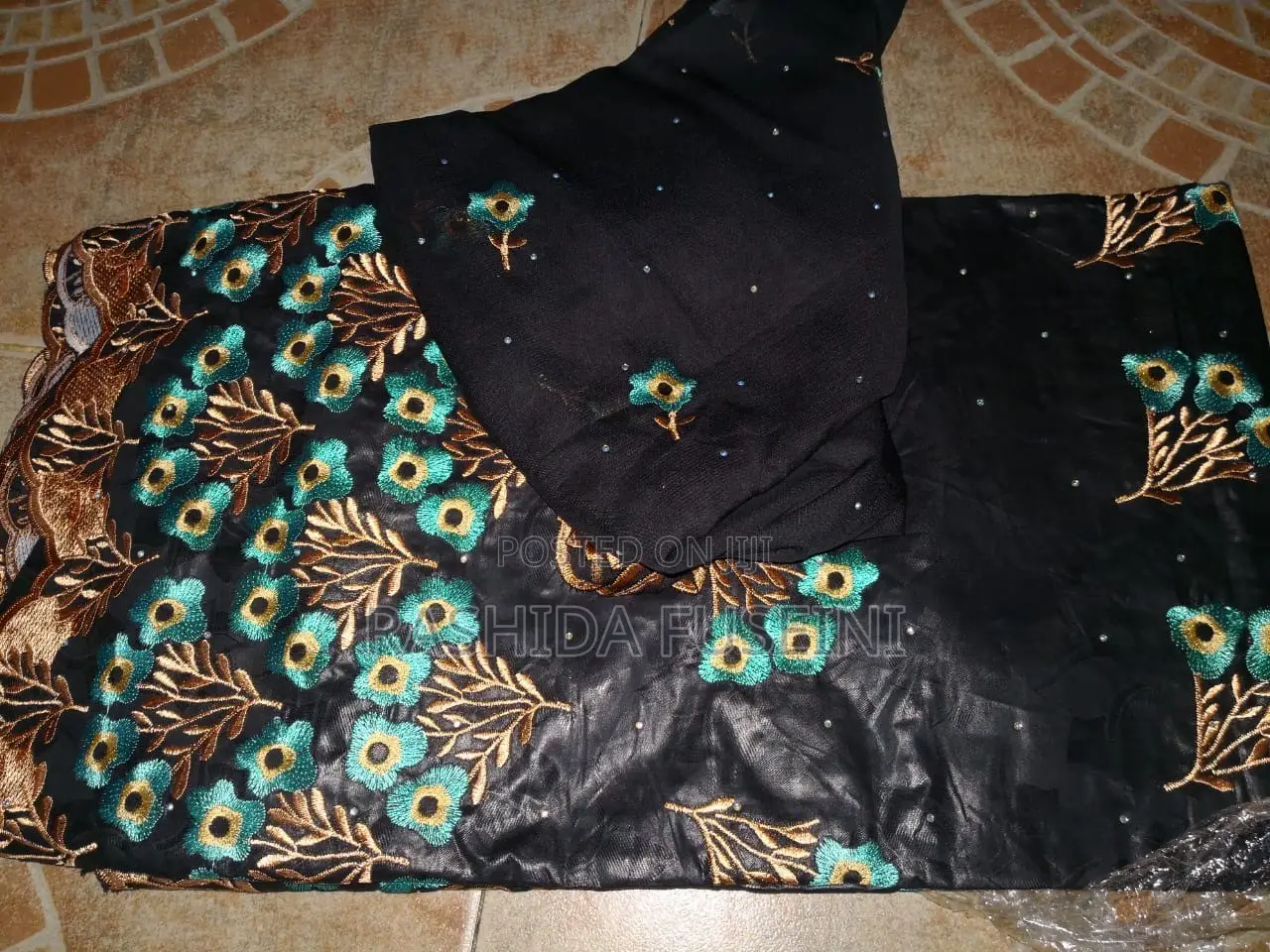 Black Shada Lace With Teal & Gold Embroidery