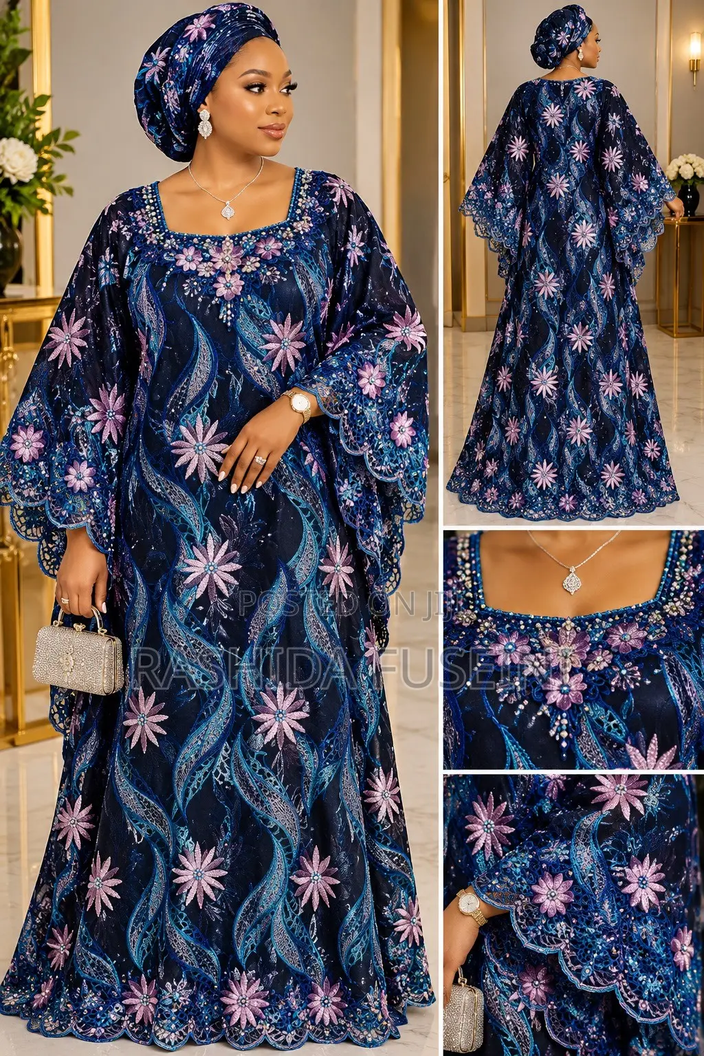 5 Yards Luxury Navy Blue & Pink Floral Shada Lace