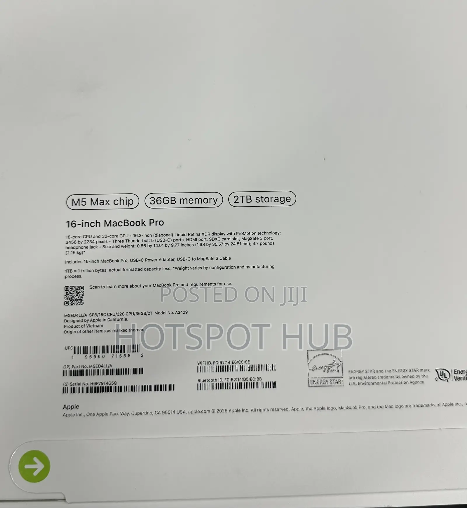 New Laptop Apple MacBook Pro 2026 M5 Pro 36GB Apple M5 Pro SSD 2T