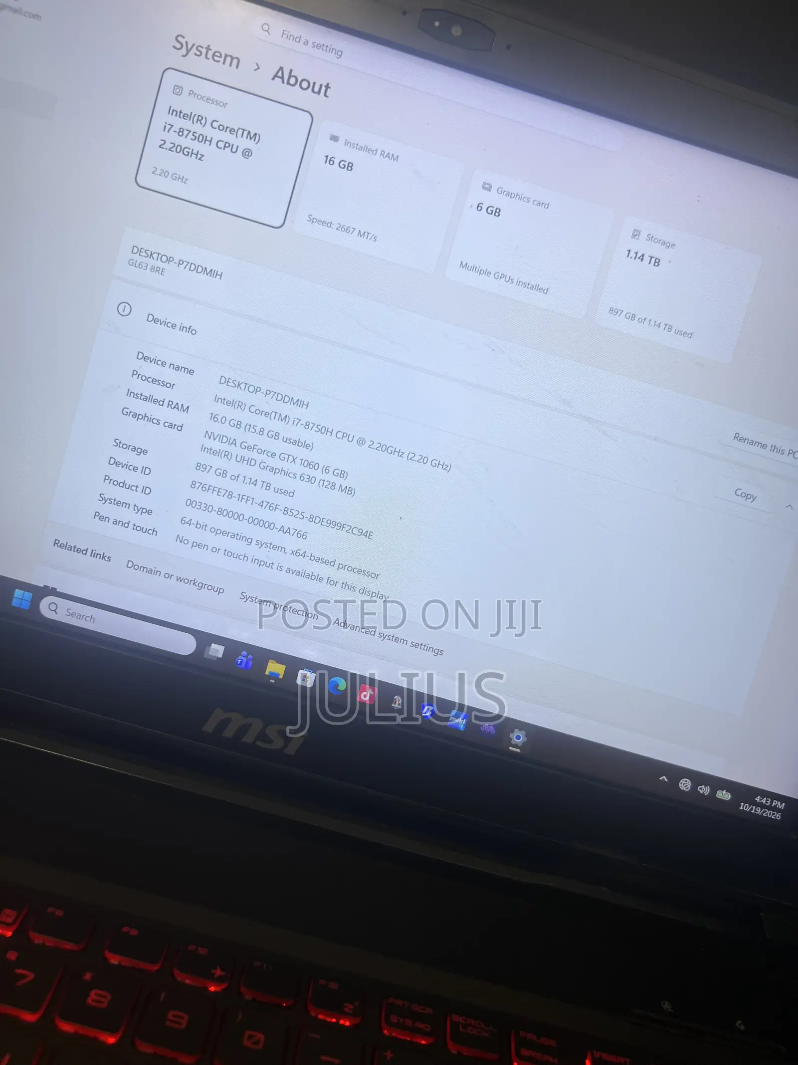 Laptop MSI GL63 8RD 16GB Intel Core i7 SSD 256GB
