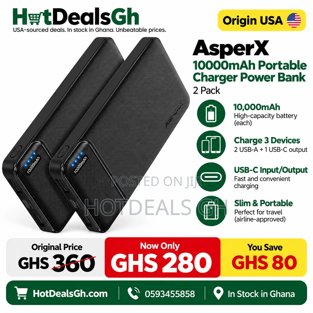 AsperX 2 Pack 10000mAh Portable Charger Dual USB Power Bank