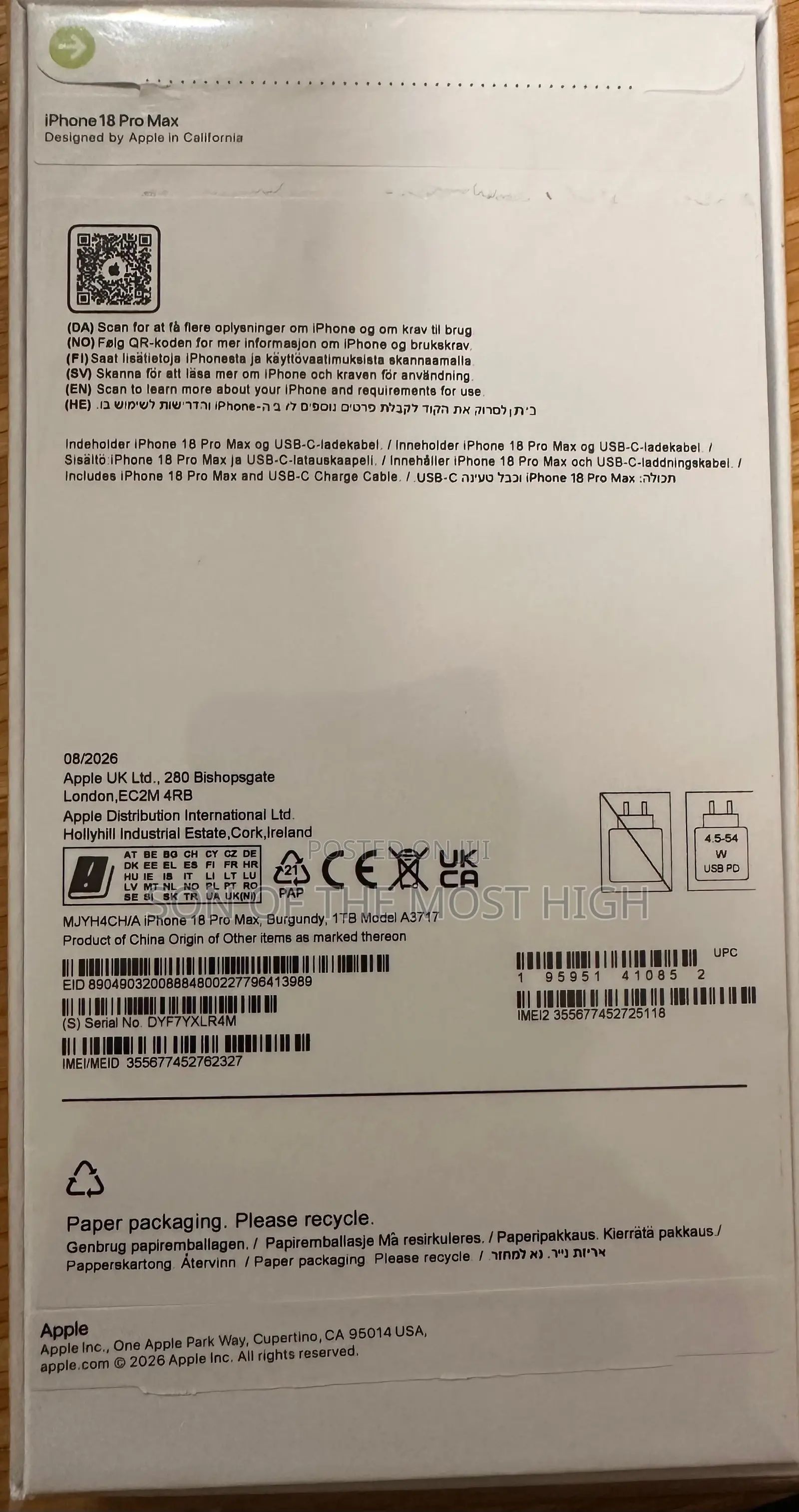 New Apple iPhone 18 Pro Max 1 TB Purple