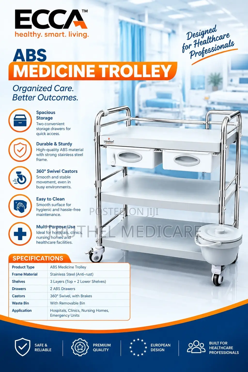 Bug ABS/Stainless Medicine Trolley(Double Drawer)
