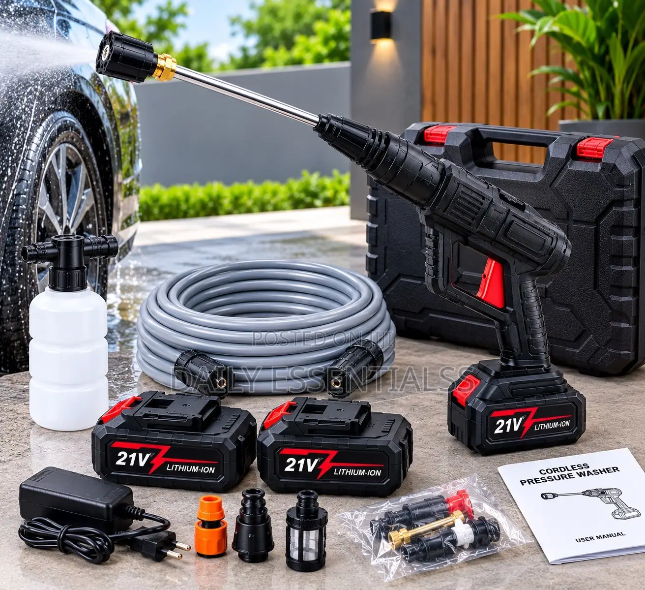 Cordless 21V Pressure Washer Set With Hose and 2 Batteries