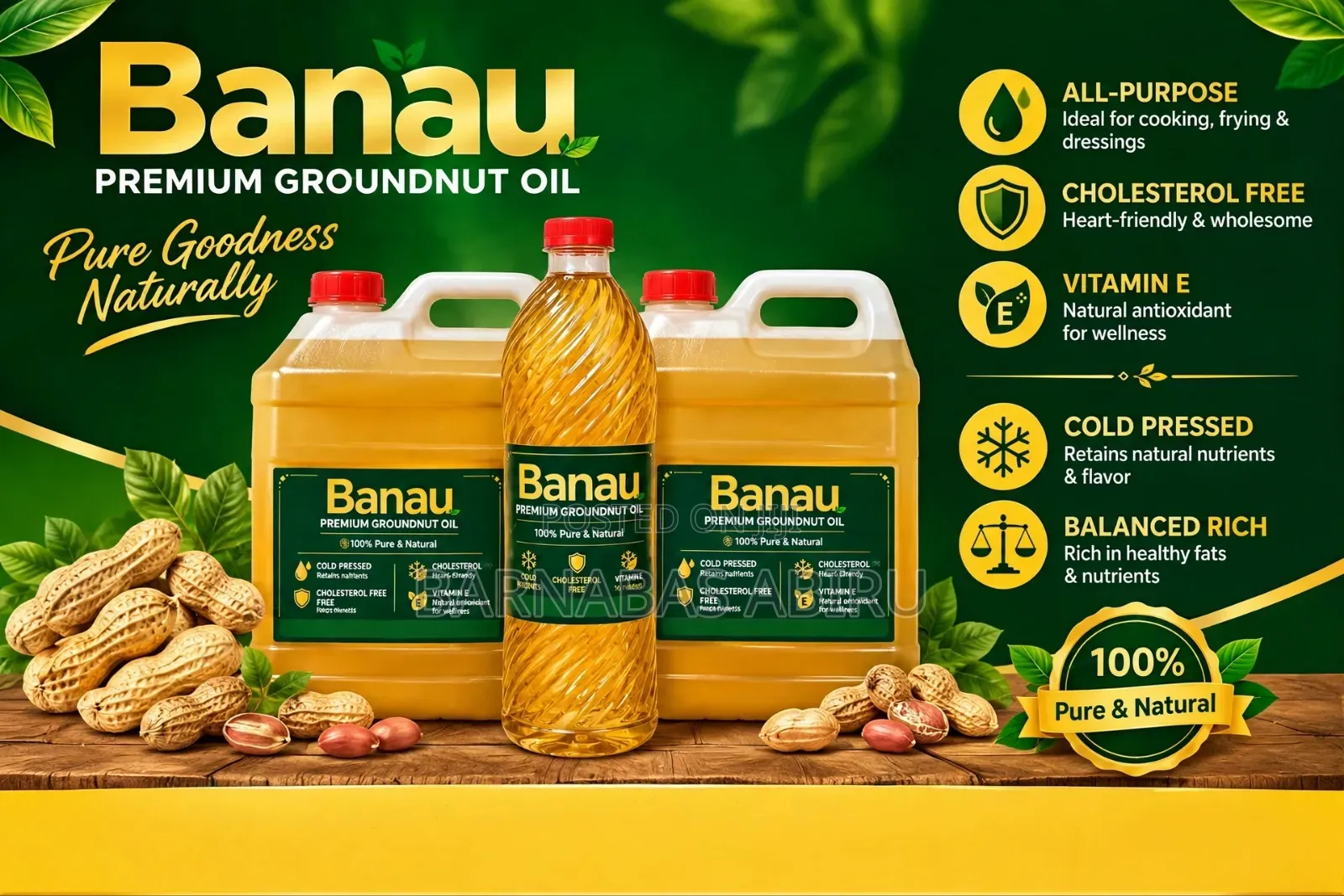 BANAU Pure Groundnut Oil, 100% Cold Pressed, Cholesterol Free