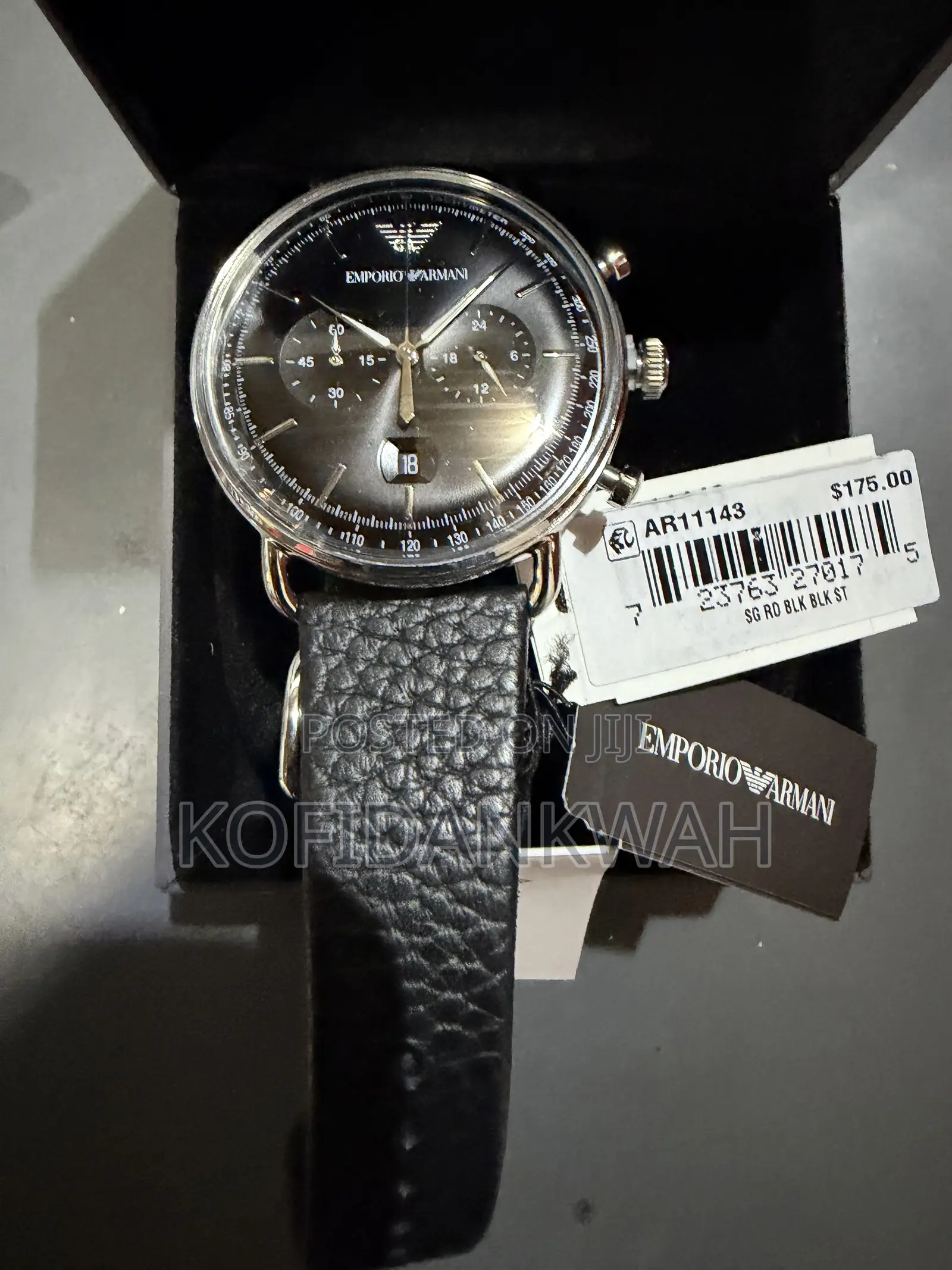 Emporio Armani Men's Chronograph Black Leather Watch, 43mm