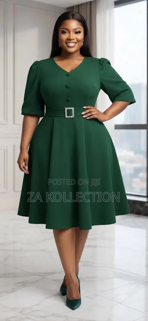 Women's Colored Big Pleated Office Dress With Belt