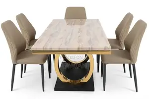 6-Seater White Marble Stainless Leg Dining Table With Chairs