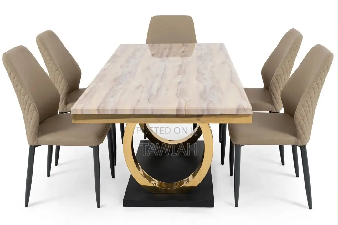 6-Seater White Marble Stainless Leg Dining Table With Chairs