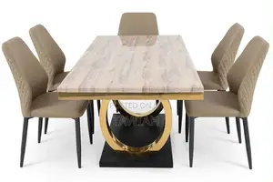 6-Seater White Marble Stainless Leg Dining Table With Chairs