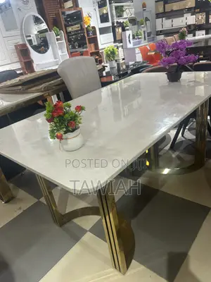 6-Seater White Marble Stainless Leg Dining Table With Chairs