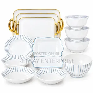 White and Gold Dinner Ware Set With Gold-Trimmed Serving Trays