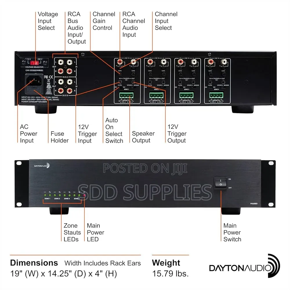 Dayton Audio 640 Watts 8 Channels 4 Zones Multizone Amplifier MA880