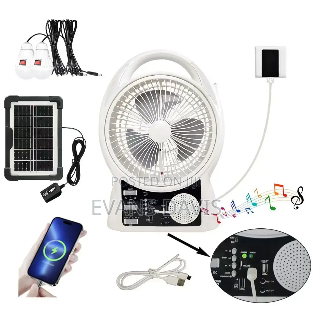Rechargeable Solar Fan With Radio and Bulbs - 8 Inches