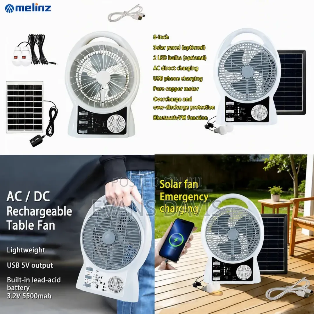 Rechargeable Solar Fan With Radio and Bulbs - 8 Inches