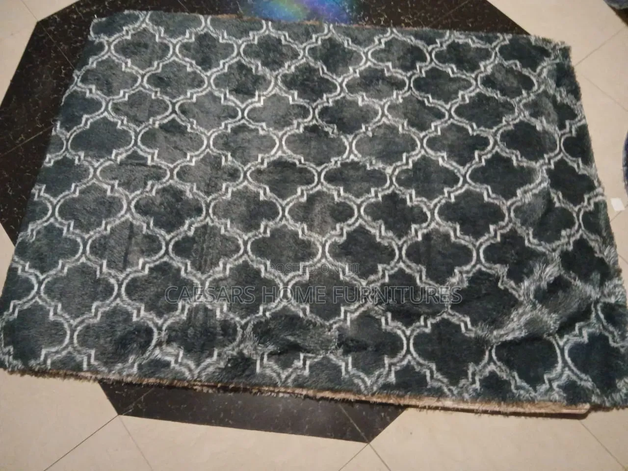 Luxury Charcoal Grey Geometric Shaggy Rug