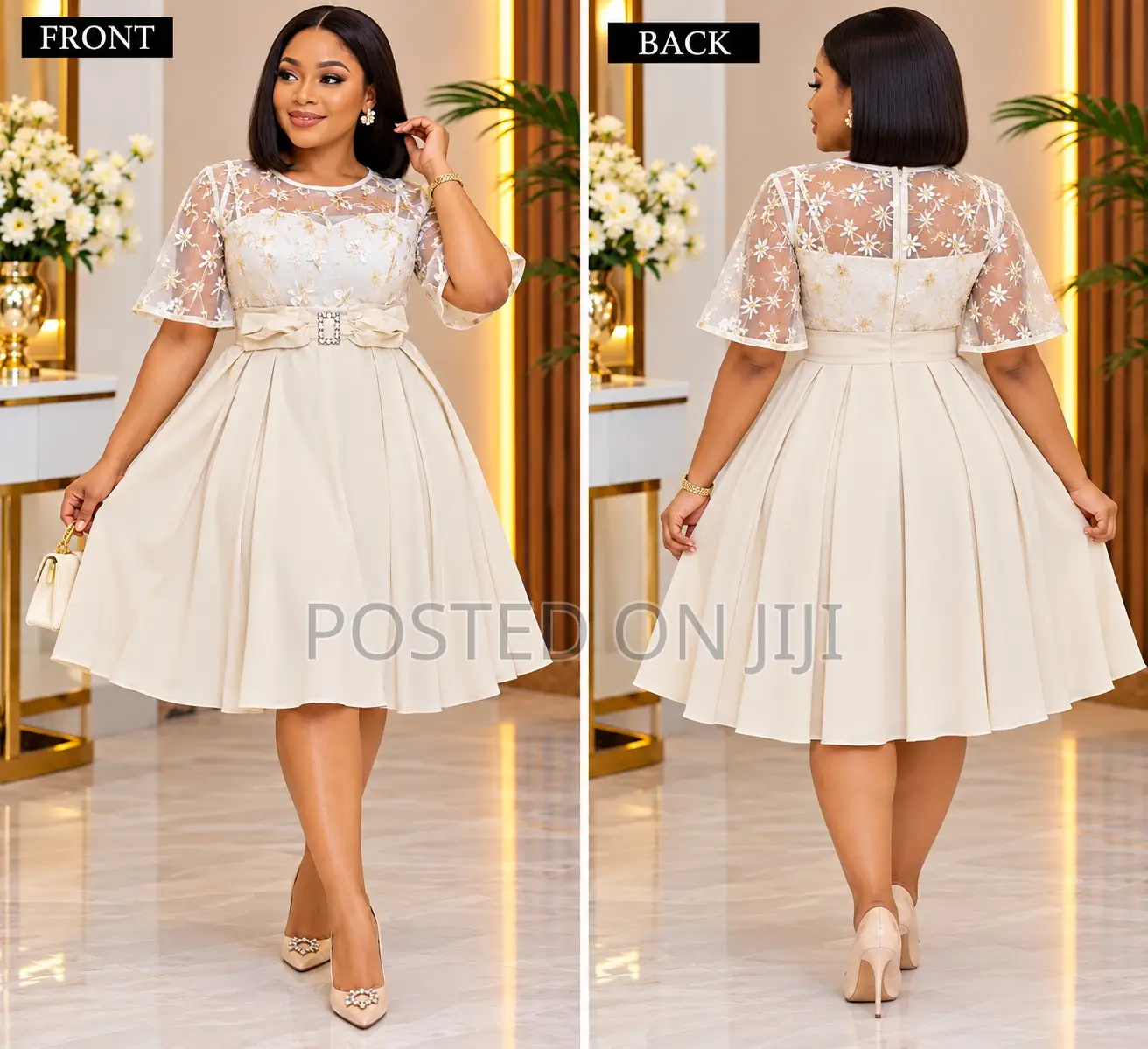 Elegant Cream Floral Lace Party Dress