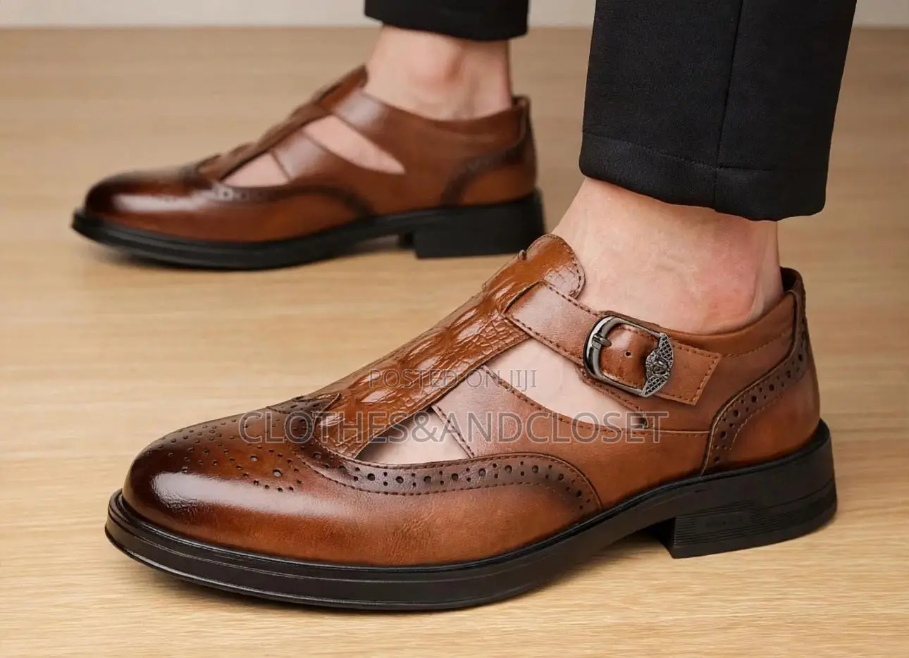 Men's Brown Leather Wingtip Dress Sandals Featuring a Monk Strap