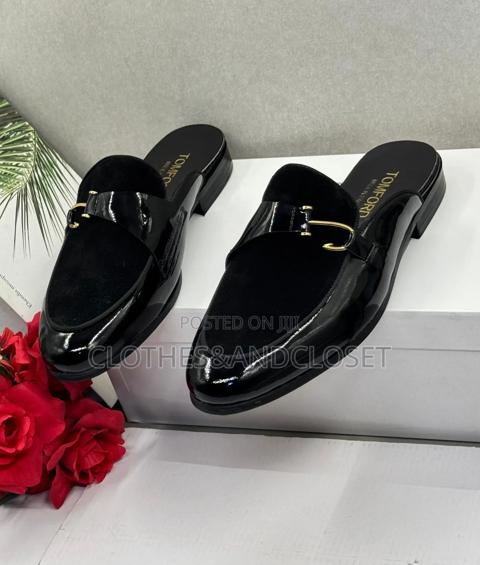 Glossy Black Men's Patent Leather and Velvet Mule Loafers