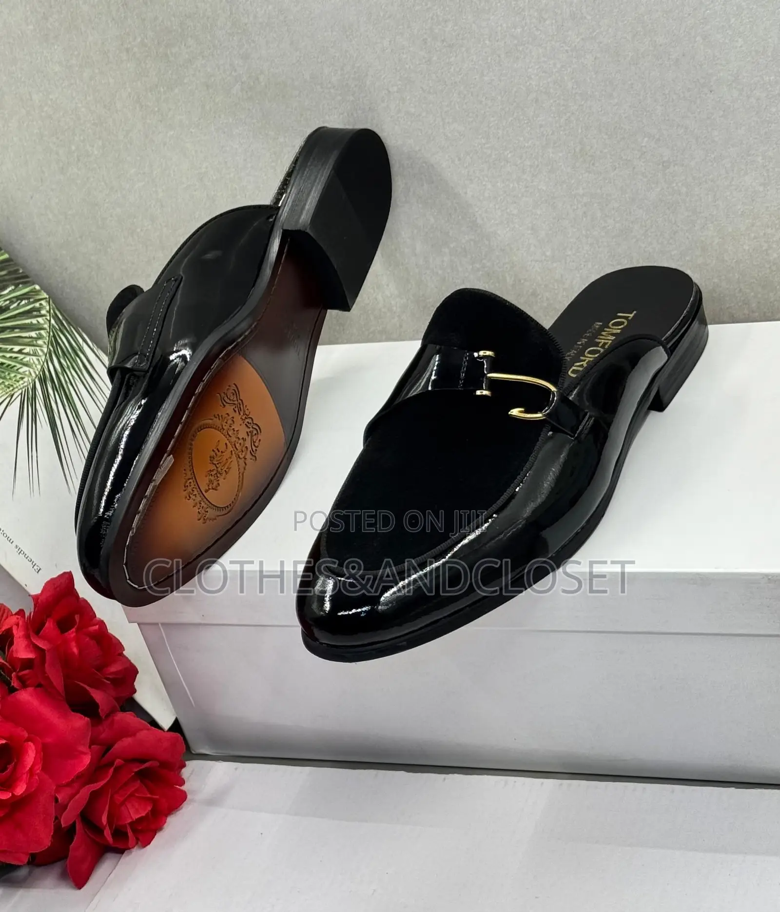 Glossy Black Men's Patent Leather and Velvet Mule Loafers
