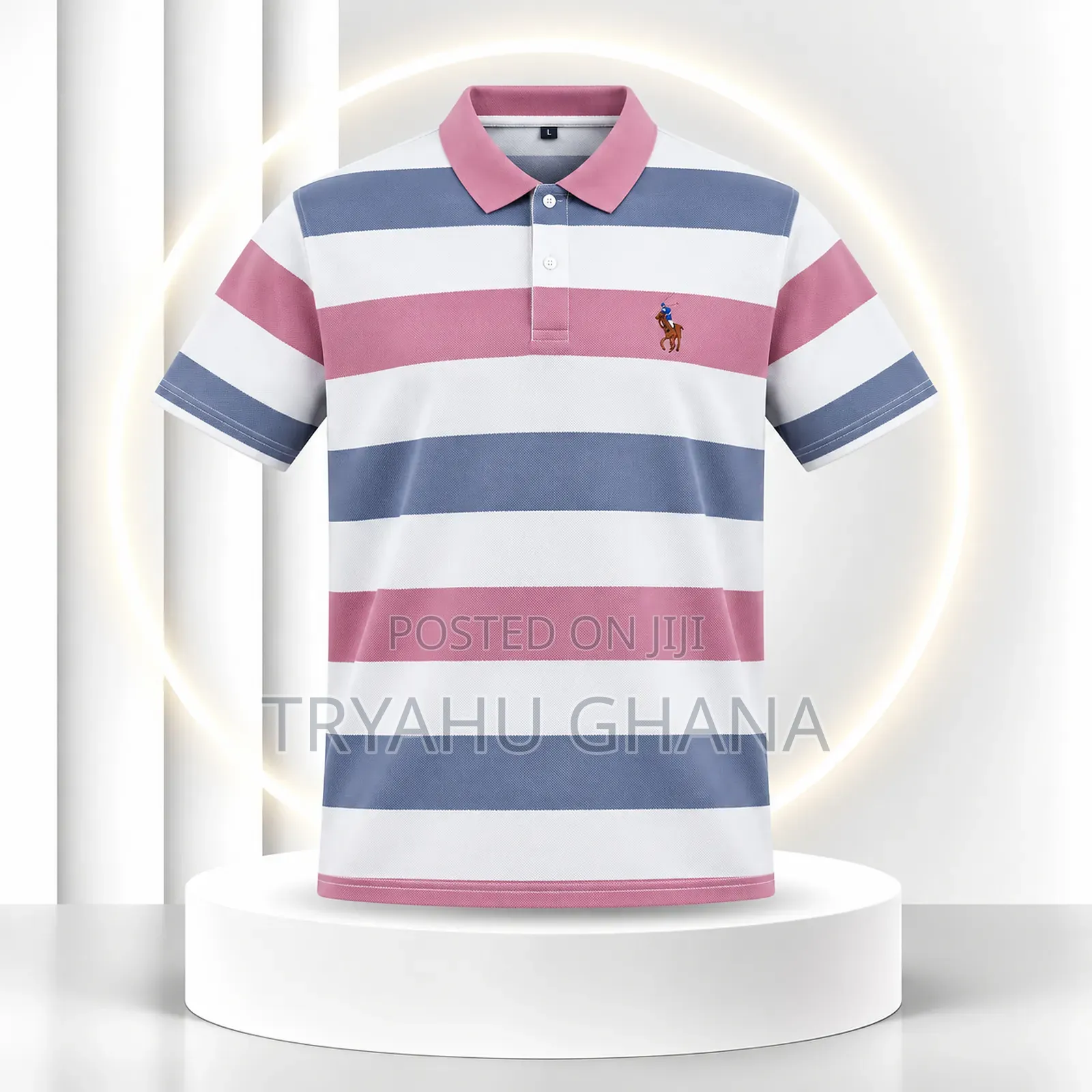 TRYAHU Premium Pink, Slate-Blue & White Striped Polo