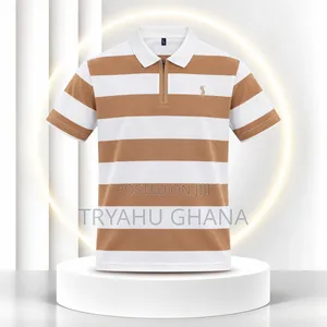 TRYAHU Premium Tan & White Striped Zip Polo