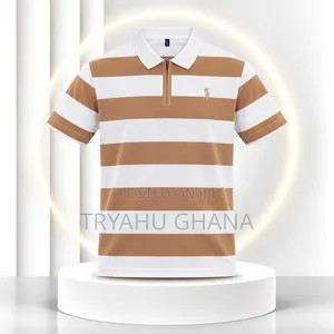 TRYAHU Premium Tan & White Striped Zip Polo