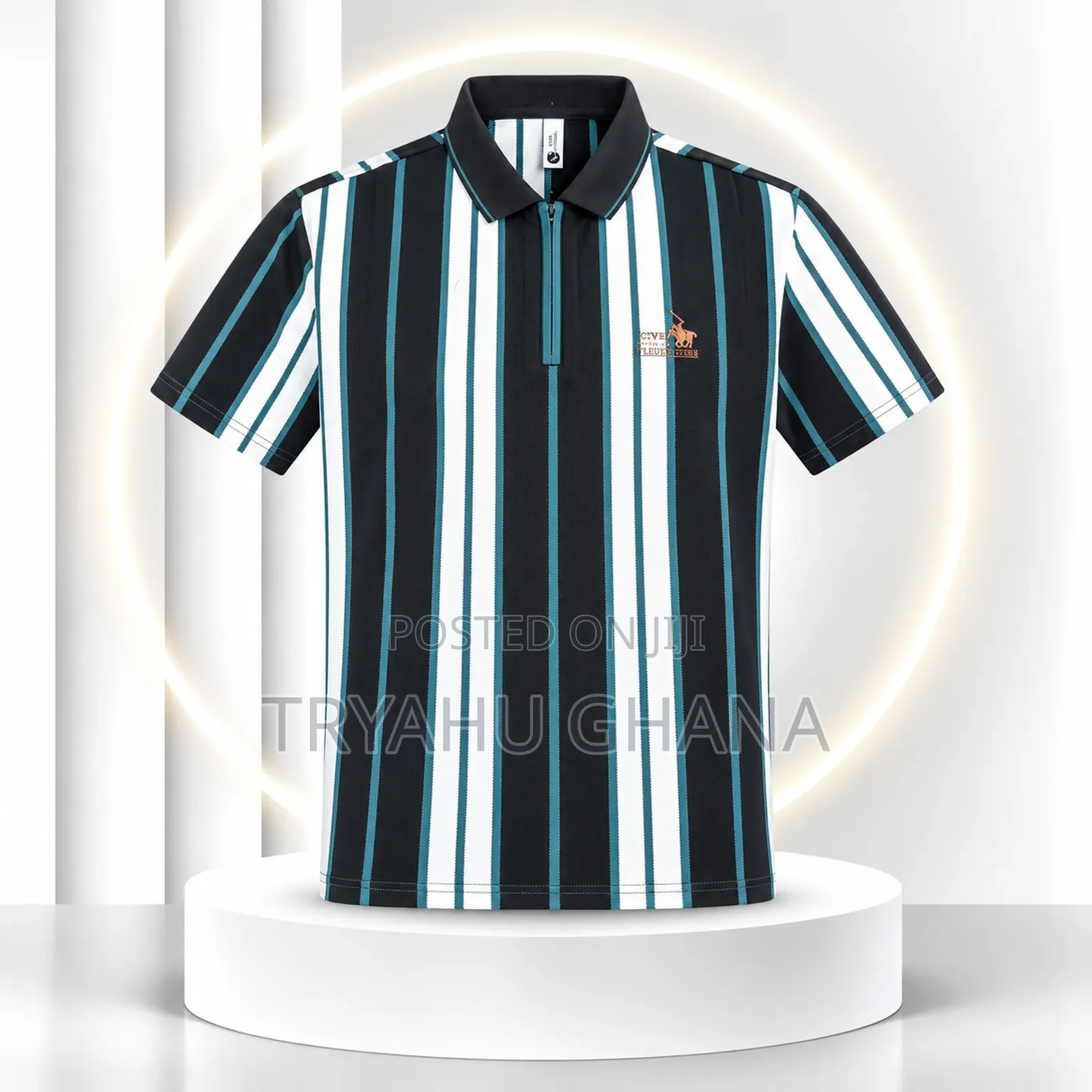 TRYAHU Premium Black, Teal & White Striped Zip Polo