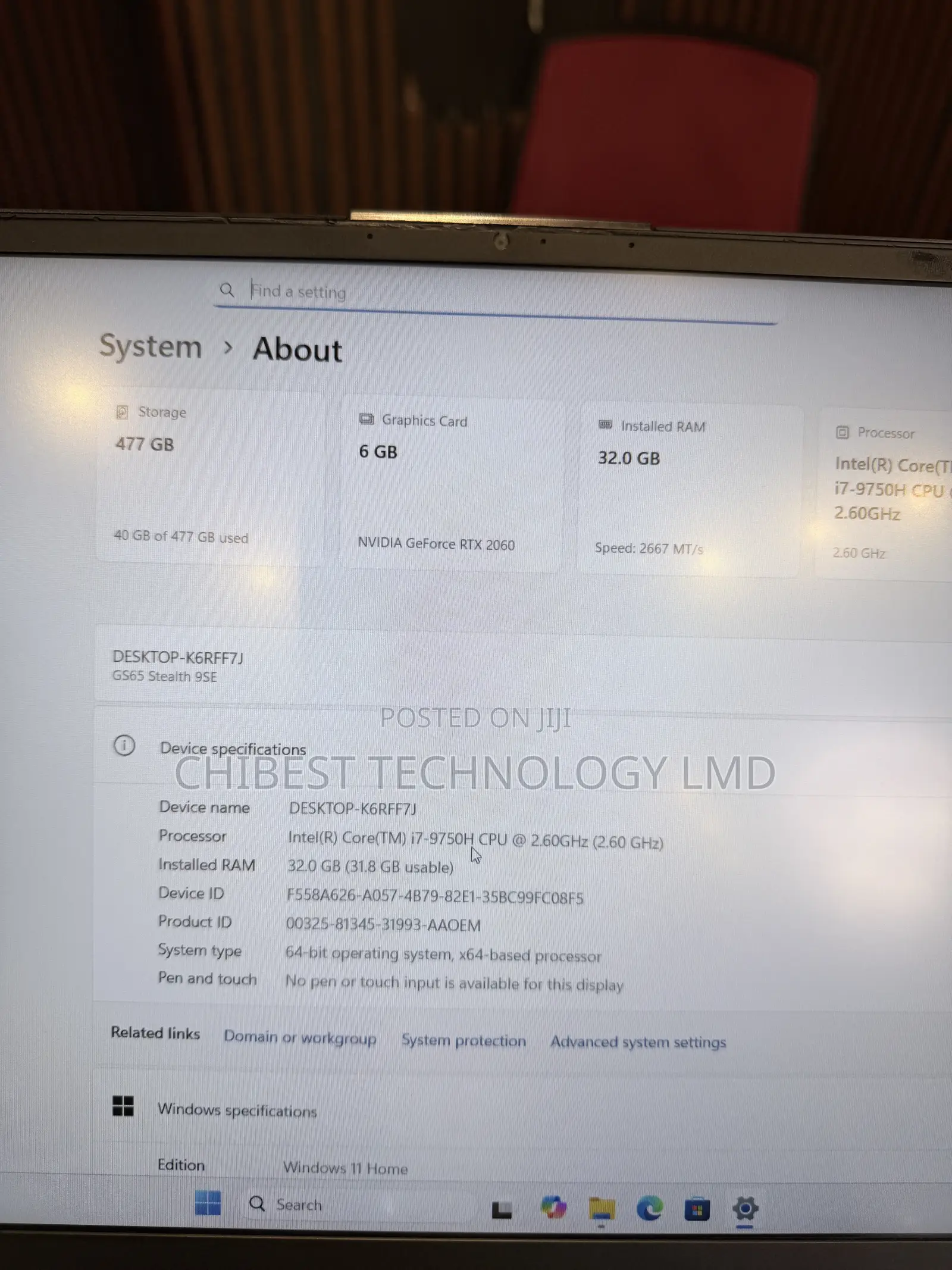 Laptop MSI GS65 Stealth Thin 8RE 32GB Intel Core i7 SSD 512GB