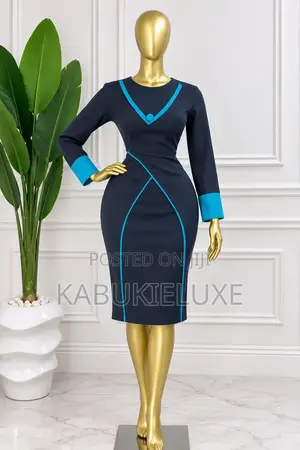Elegant Navy Blue Corporate Midi Dress With Turquoise Trimming