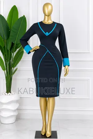 Elegant Navy Blue Corporate Midi Dress With Turquoise Trimming